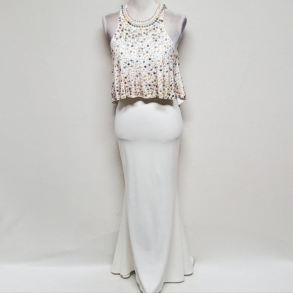TONY Bowls Ivory Multi-color Beaded Jewel Neckline Draped Two-Piece Dress 4 - Picture 2 of 16
